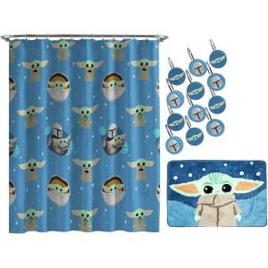 imageJay Franco Star Wars The Mandalorian Blue Space 14 Piece Bathroom Set  Includes Shower Curtain 12 Hooks ampamp NonSlip Bath Rug  Easy Care Fabric Features Baby Yoda Grogu Official Star Wars ProductBlue  Mandalorian