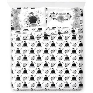 imageJay Franco Wednesday Addams Full Size Sheet Set  Super Soft Kids 4 Piece Bedding Set  Webs and Skulls Microfiber Sheets Includes Reversible Pillow CoversWhite  Wednesday