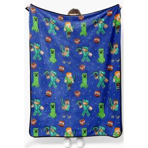 imageMinecraft Plush Throw Blanket  Measures 50 x 60 Inches  Kids Super Soft Blue Fleece Bedding Features CreeperBlue  Minecraft
