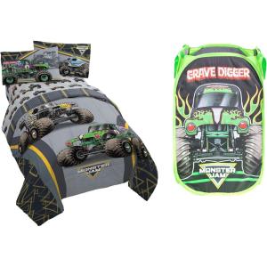imageJay Franco Monster Jam MJ Life Twin Bed Set and Grave Digger Pop Up Hamper Bundle