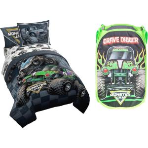 imageJay Franco Monster Jam Slash Twin Bed Set and Grave Digger Pop Up Hamper Bundle