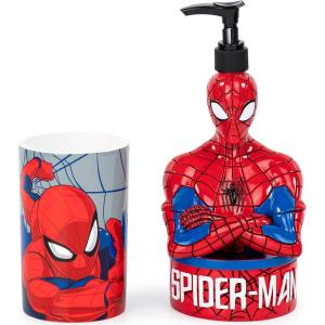 imageJay Franco Marvel Spiderman 2 Piece Set  Red ampamp Blue Soap Dispenser ampamp Tumbler Set  Kids Resin Superhero Bathroom Accessories