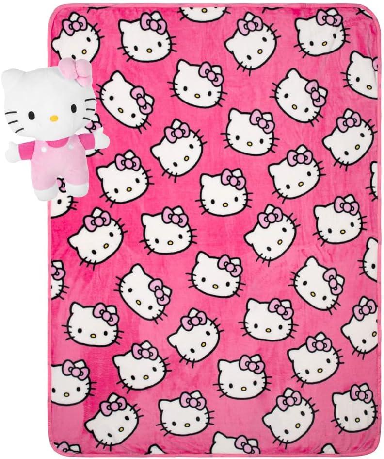 imageHello Kitty Plush Mini Pillow Buddy ampamp 46 x 60 Inch Travel Throw Set  Kids Super Soft 2 Piece Blanket Set