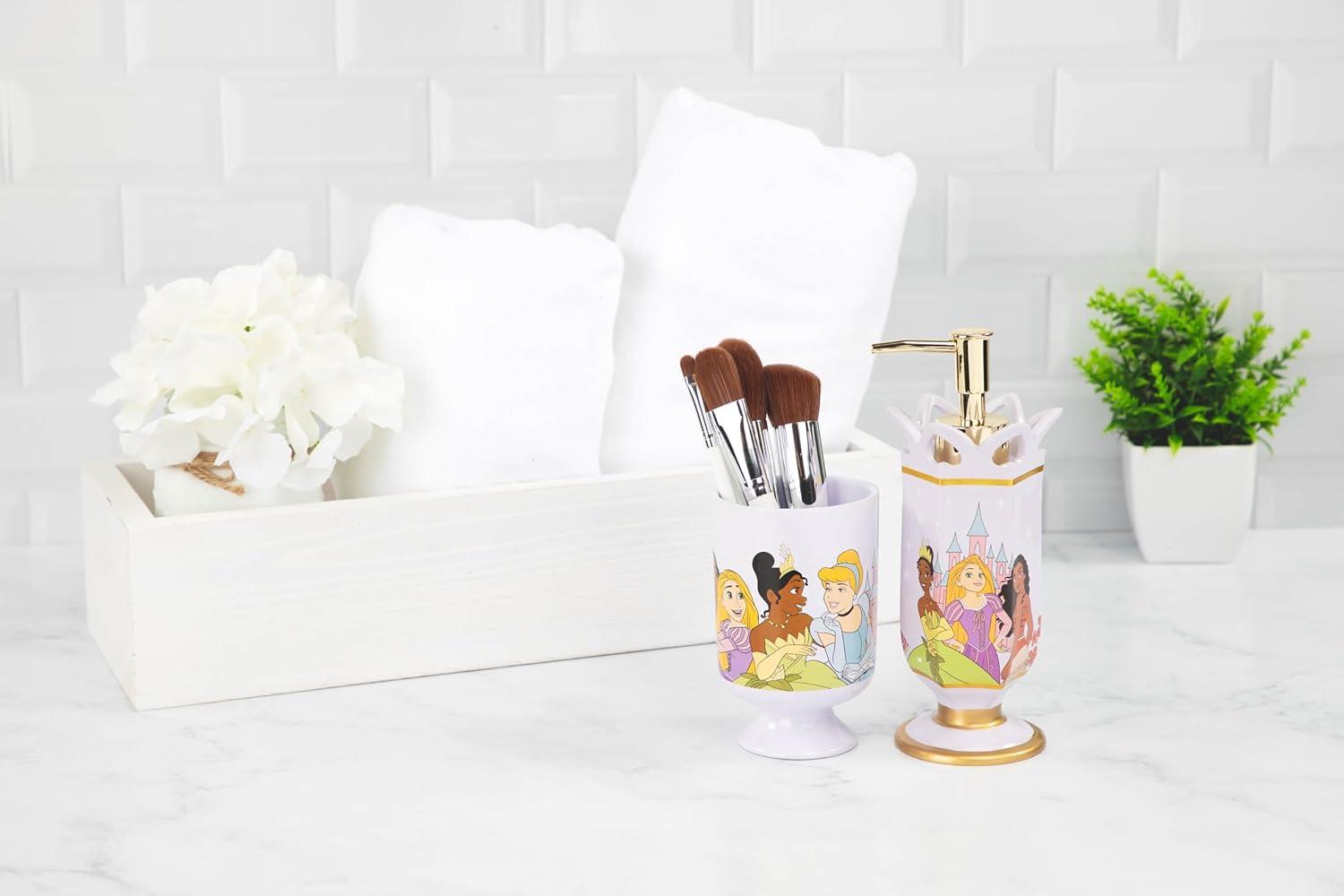 imageJay Franco Disney Princess 2 Piece Bathroom Set  Purple Soap Dispenser ampamp Tumbler Set  Kids Resin Bathroom Accessories Features Moana Cinderella ampamp Rapunzel