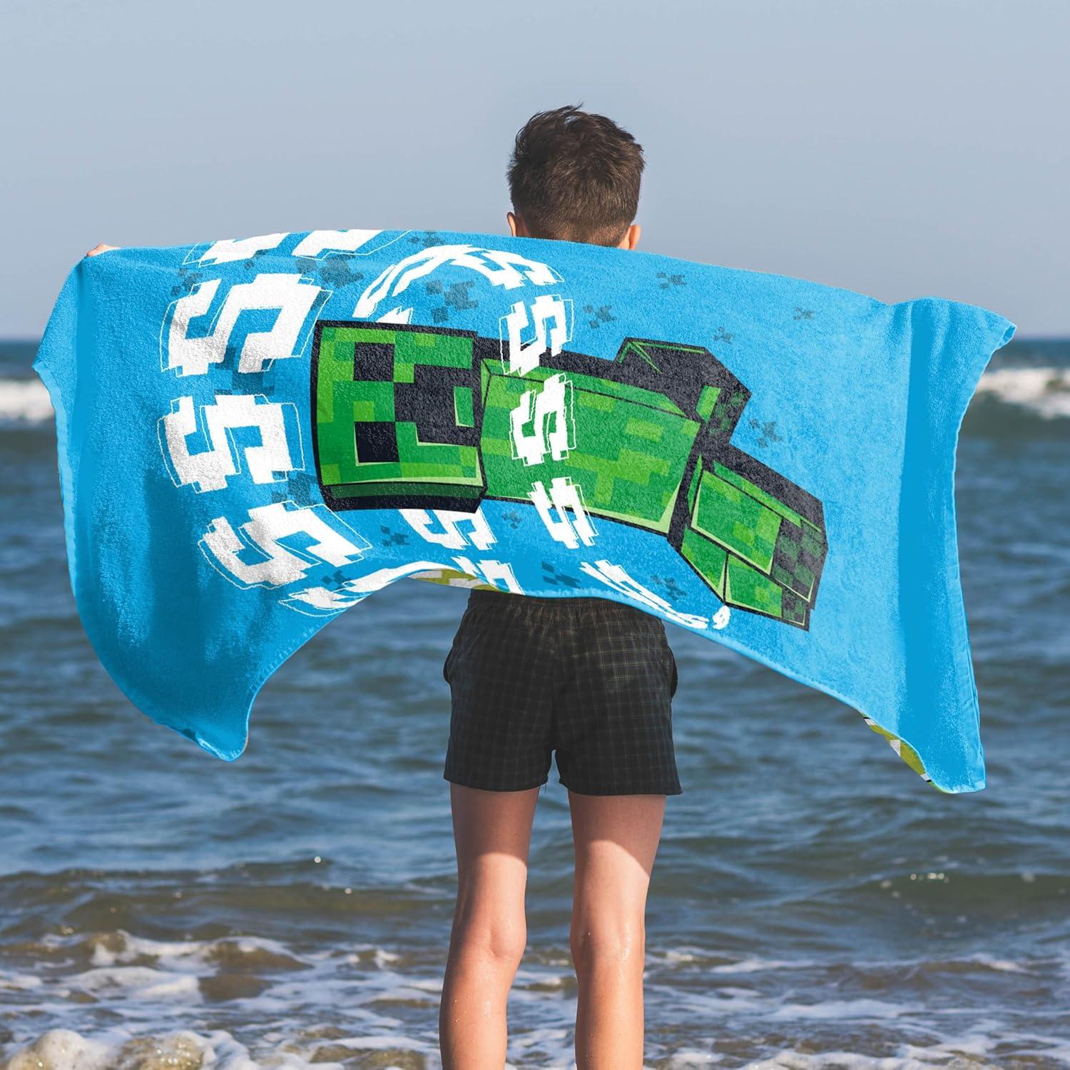 imageJay Franco Minecraft Creeper Kids Bath Pool Beach Towel  Super Soft ampamp Absorbent Blue 100 Cotton Towel Measures 28 x 58Blue  Minecraft 01