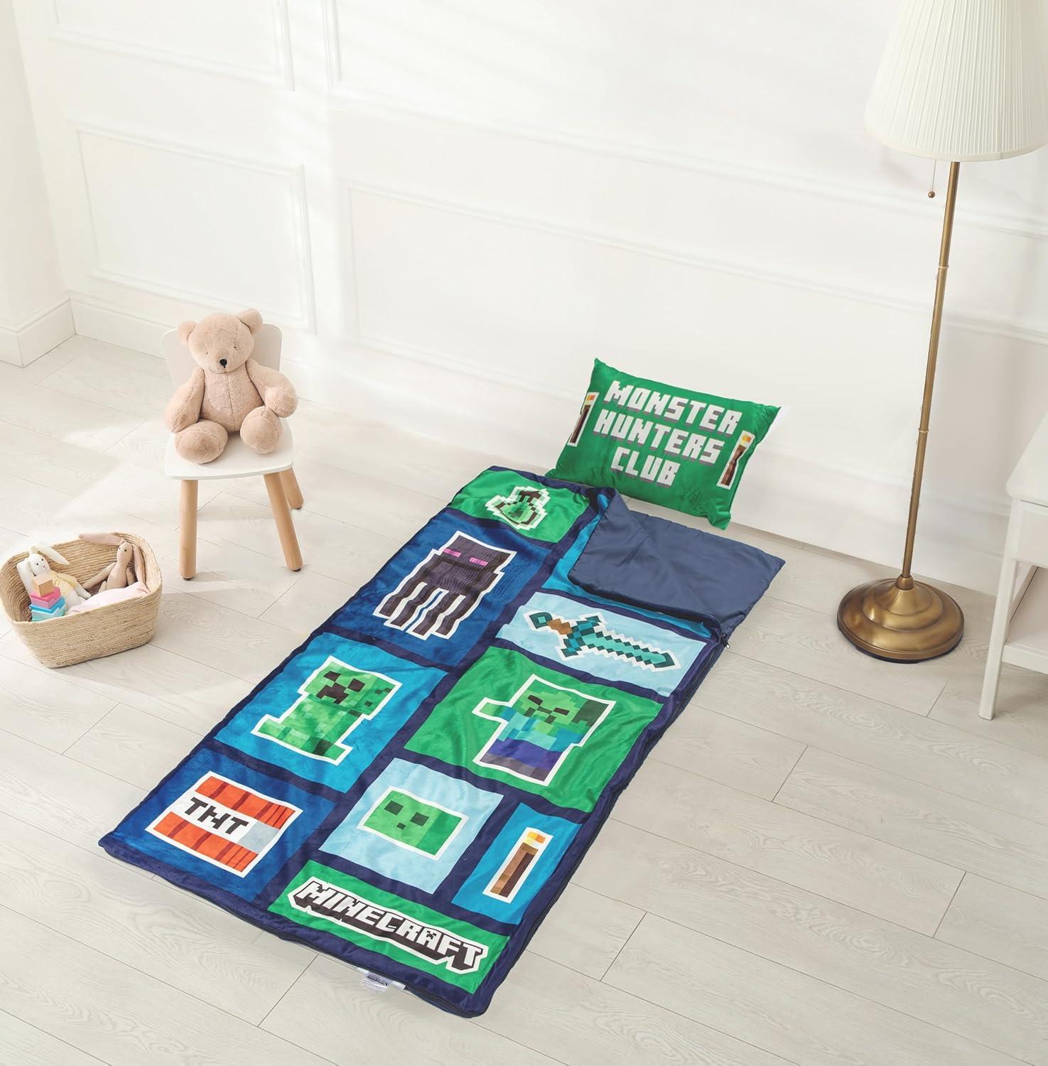 imageMinecraft Creeper 3 Piece Sleepover Set  Cozy ampamp Warm Slumber Bag with Pillow ampamp Eye Mask Official Minecraft Product