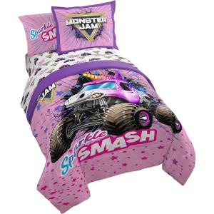 imageJay Franco Kids Comforter Set Includes Sheets and Pillow Covers  Soft and Cozy Bed Set for Stylish Room Decor Pink  Monster Jam 5 Piece Twin Bedding