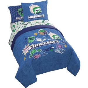 imageJay Franco Kids Comforter Set Includes Sheets and Pillow Covers  Soft and Cozy Bed Set for Stylish Room Decor Blue  Minecraft 02 5 Piece Twin Bedding