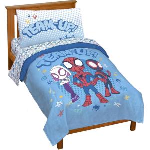 imageJay Franco Kids Comforter Set Includes Sheets and Pillow Covers  Soft and Cozy Bed Set for Stylish Room Decor Light Blue  Spidey ampamp His Amazing Friends 4 Piece Toddler Bed Frame Size Bedding