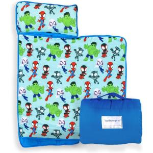 imageJay Franco Kids Nap Mat with Embedded Pillow ampamp Blanket  Soft 46quotx20quot Microfiber Sleeping Bag with Name Tag ampamp Handle for School Travel Sleepover Blue  Monster JamBlue  Spidey  Friends