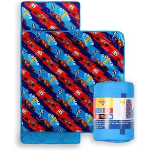 imageJay Franco Kids Nap Mat with Embedded Pillow ampamp Blanket  Soft 46quotx20quot Microfiber Sleeping Bag with Name Tag ampamp Handle for School Travel Sleepover Blue  Monster JamMulti  Cars