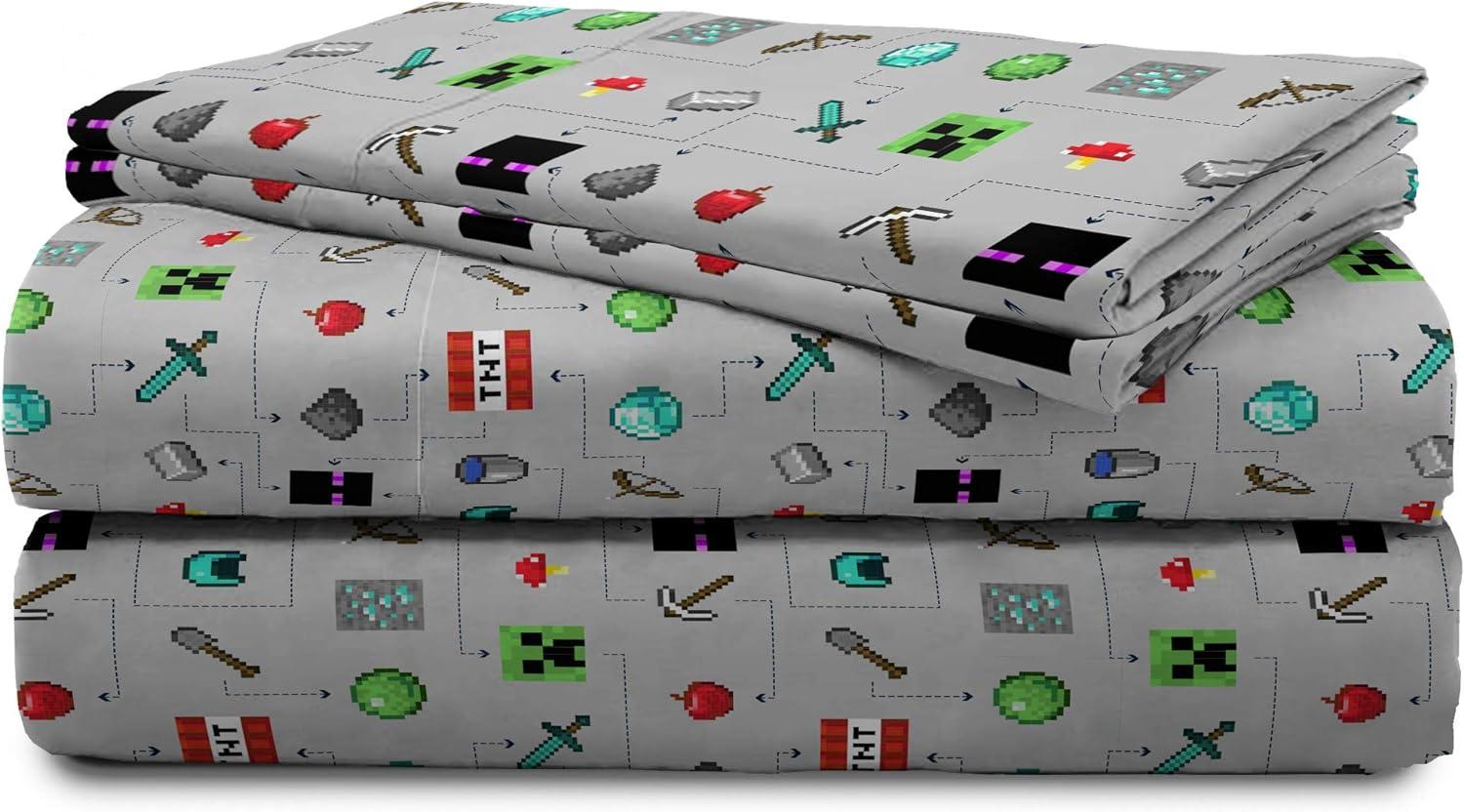 imageJay Franco Kids Sheet Set with Fitted Flat Sheets ampamp Pillow Cover  UltraSoft Bedding with Pillowcase for Room Decor Multi Color  Descendants 4 Piece QueenGray  Minecraft