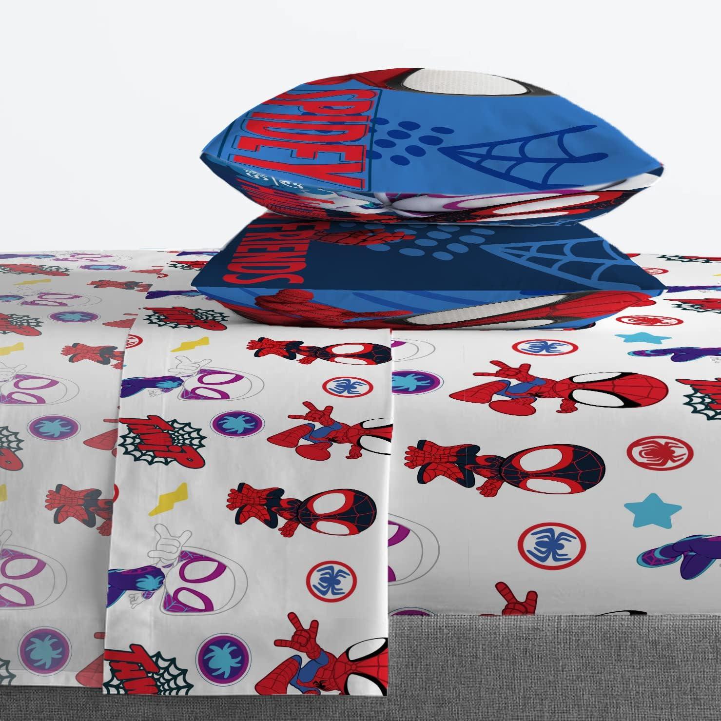imageJay Franco Kids Sheet Set with Fitted Flat Sheets ampamp Pillow Cover  UltraSoft Bedding with Pillowcase for Room Decor Multi Color  Descendants 4 Piece QueenWhite  Spidey  Friends