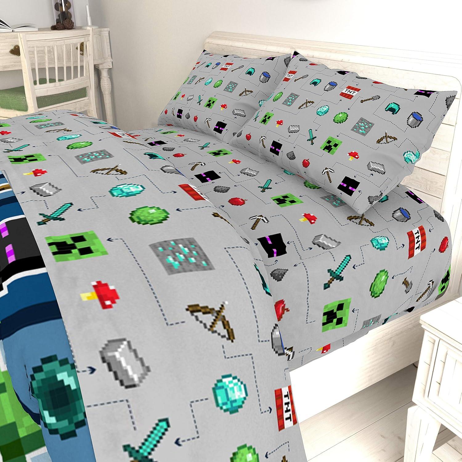 imageJay Franco Kids Sheet Set with Fitted Flat Sheets ampamp Pillow Cover  UltraSoft Bedding with Pillowcase for Room Decor Multi Color  Descendants 4 Piece QueenGray  Minecraft