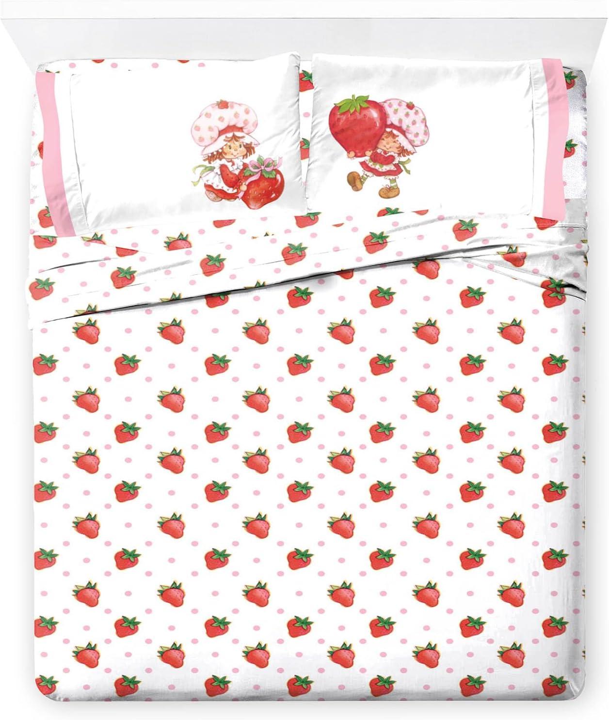 imageJay Franco Kids Sheet Set with Fitted Flat Sheets ampamp Pillow Cover  UltraSoft Bedding with Pillowcase for Room Decor Multi Color  Descendants 4 Piece QueenWhite  Strawberry Shortcake