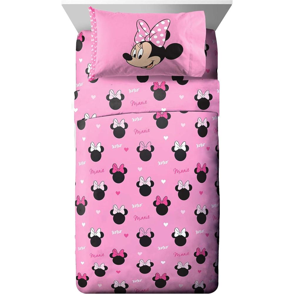 imageJay Franco Kids Sheet Set with Fitted Flat Sheets ampamp Pillow Cover  UltraSoft Bedding with Pillowcase for Room Decor Multi Color  Descendants 4 Piece QueenPink  Minnie Mouse
