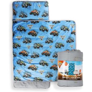 imageJay Franco Kids Nap Mat with Embedded Pillow ampamp Blanket  Soft 46quotx20quot Microfiber Sleeping Bag with Name Tag ampamp Handle for School Travel SleepoverBlue  Monster Jam