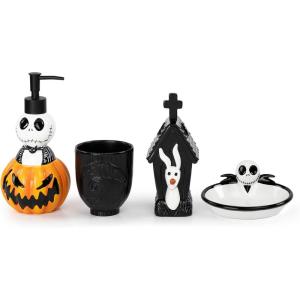 imageJay Franco Disney Nightmare Before Christmas Organizer Set  4 Piece Black and White Accessories Includes Resin Soap Dispenser Sponge Holder Toothbrush Holder and Tumbler  Bathroom DcorMulti  Nightmare Before Christmas